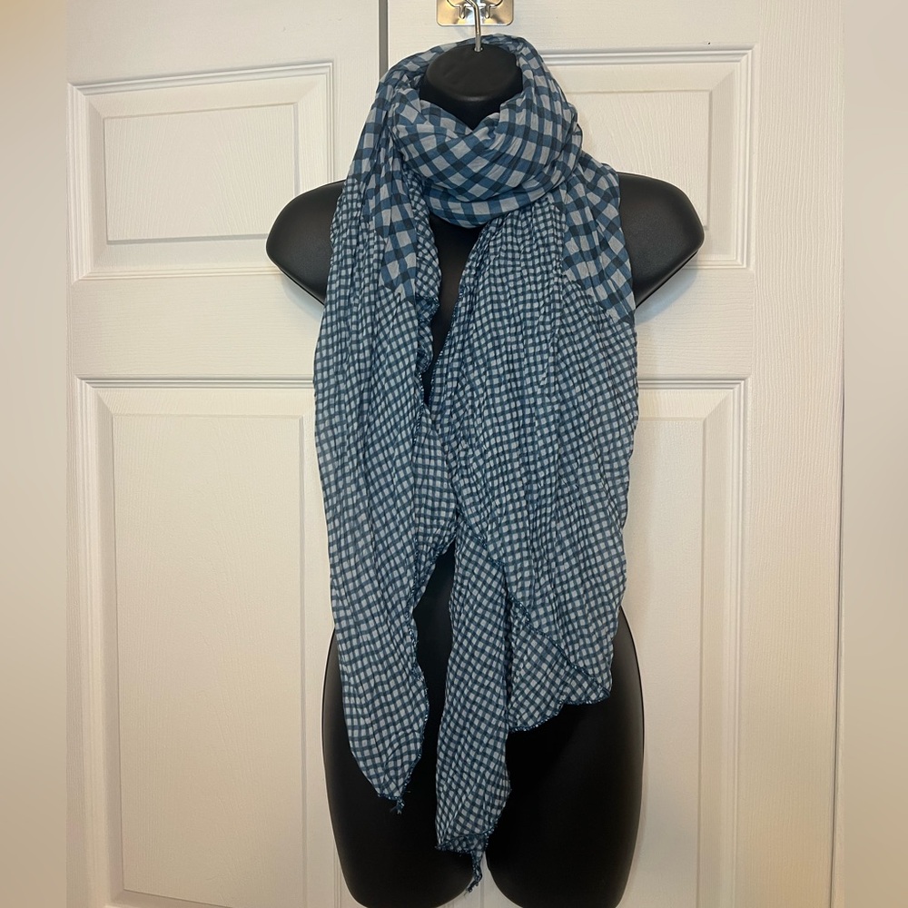 Paisley Road Sheer Silk & Cotton Oversized Scarf Wrap Blue Plaid Gingham 5’ x 3’